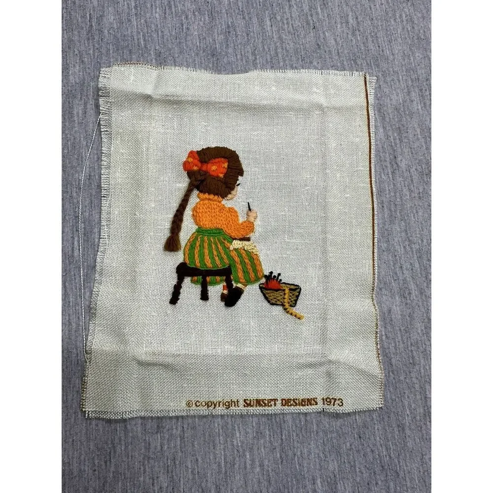 Vintage‎ Finished Sunset Designs Little Girl 70s Needlepoint Wall Art